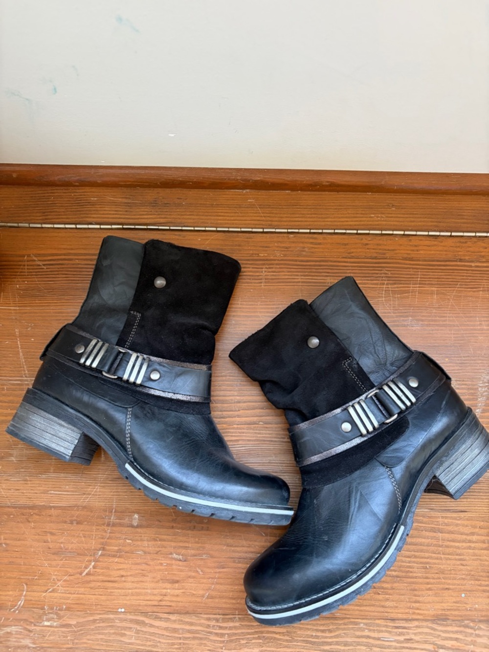 Women's Black Leather & Suede Ankle Buckle Boots